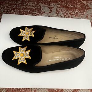 Stubbs & Wootton Black Loafers with Gold Star Embroidery